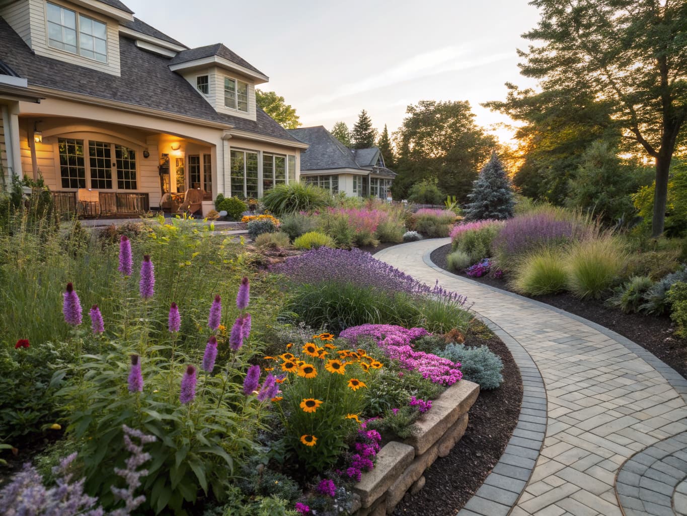 Beautifully designed garden with colorful flowers and stone pathways