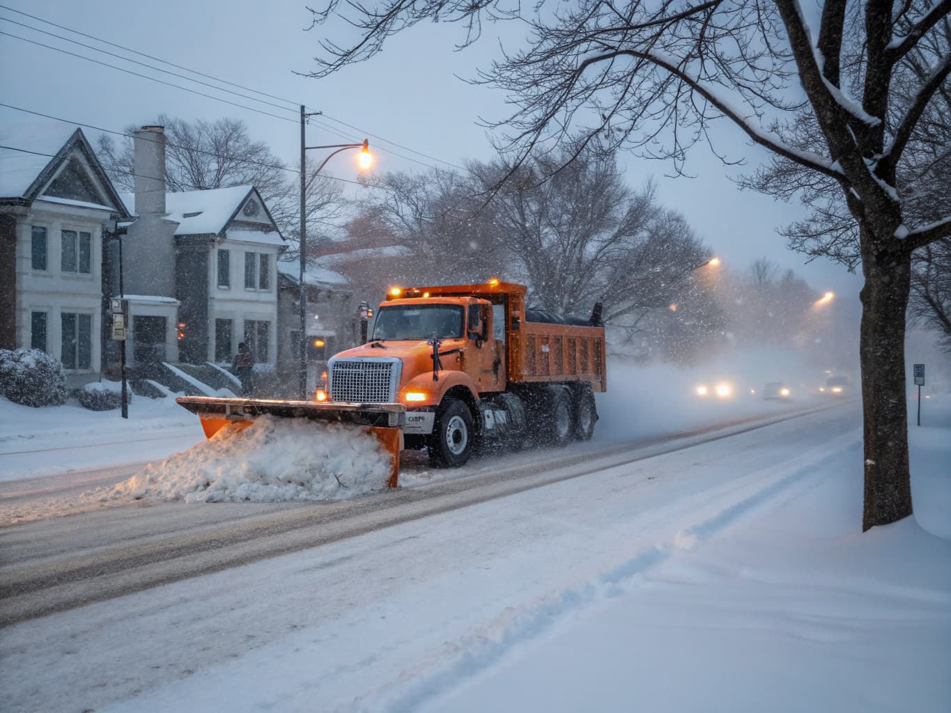 Snow removal truck clearing a residential driveway in Chicago