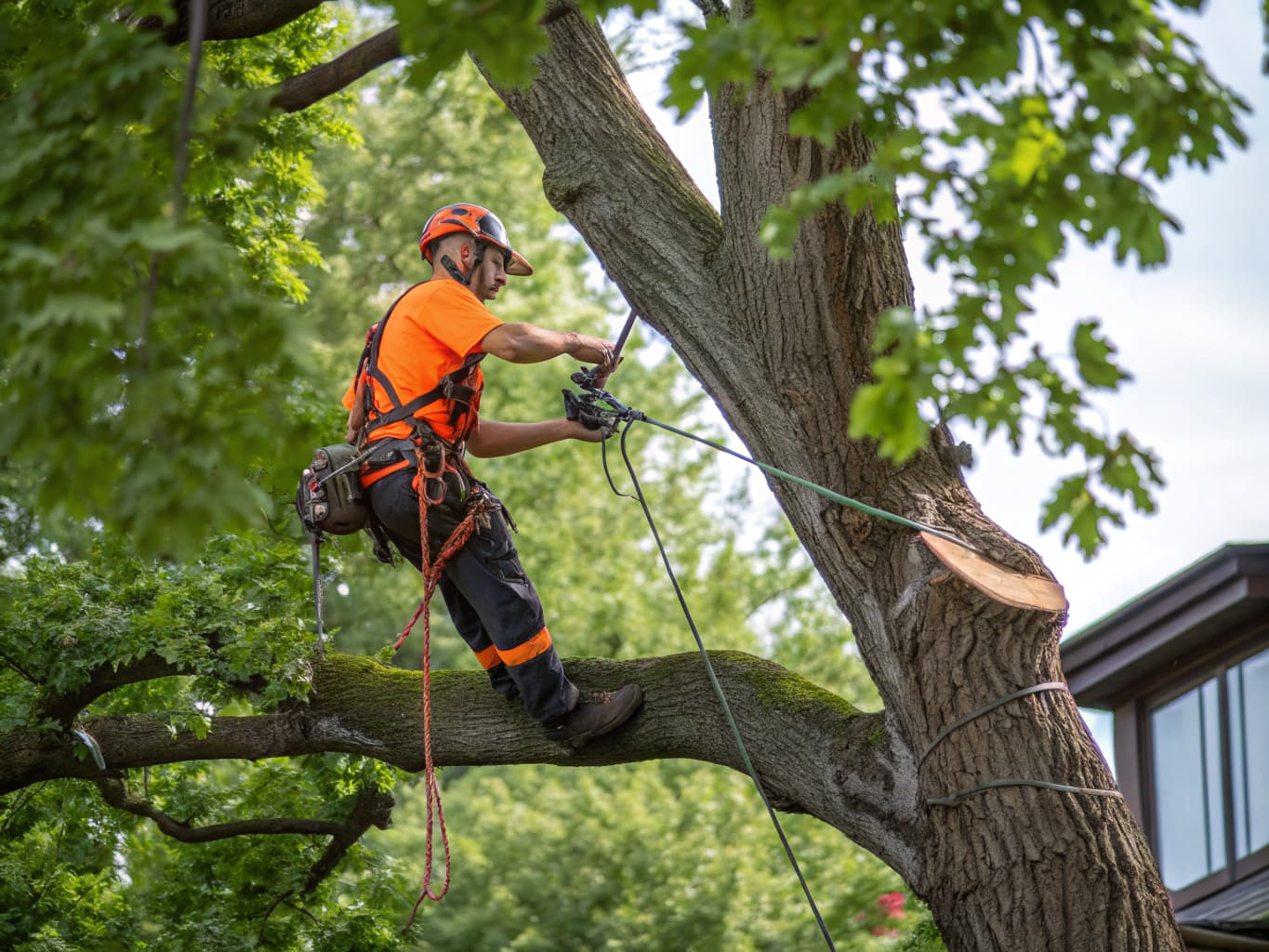 Professional arborist trimming tree branches with precision tools