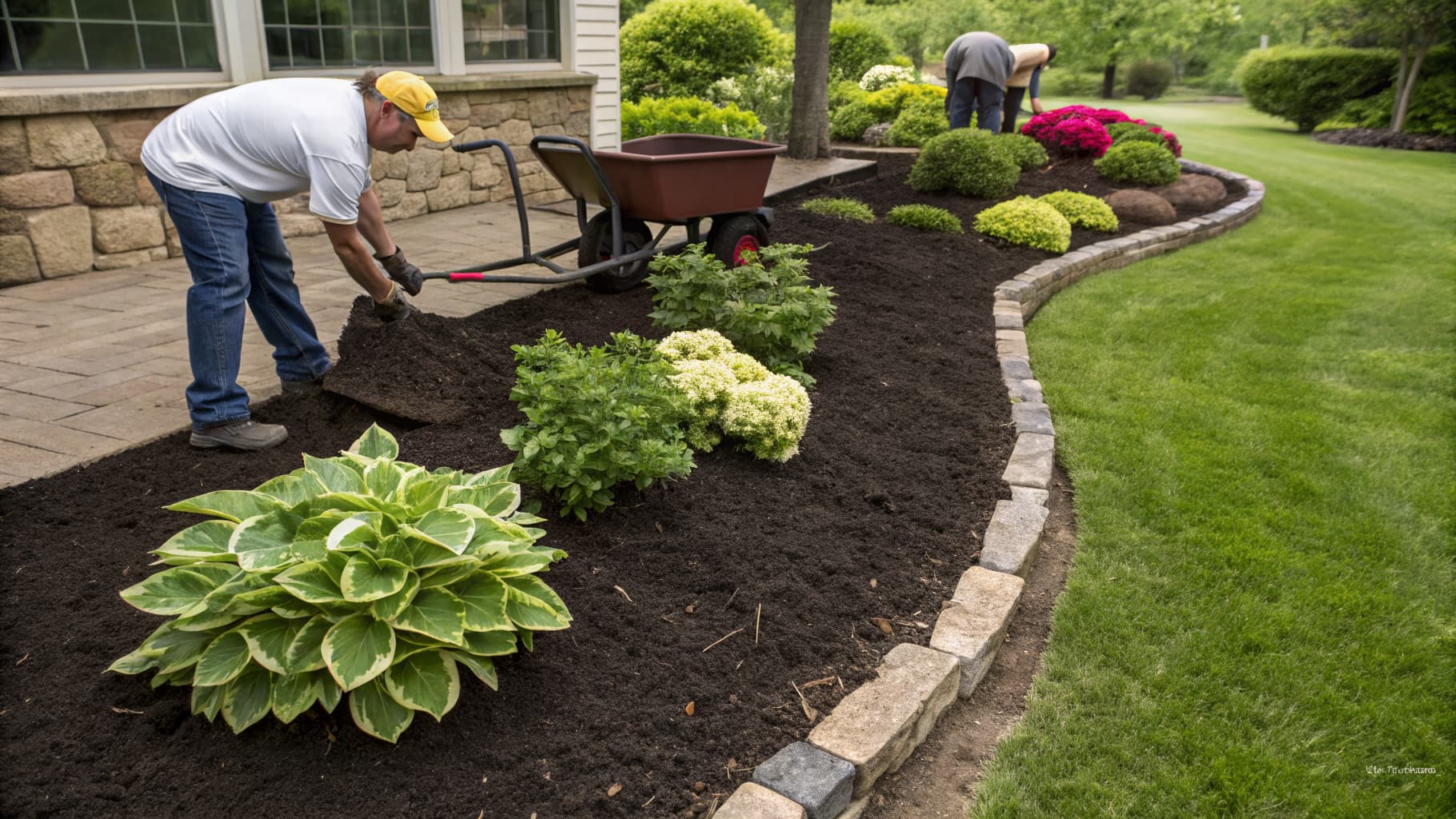 Landscaping crew performing seasonal maintenance on an upscale residential property
