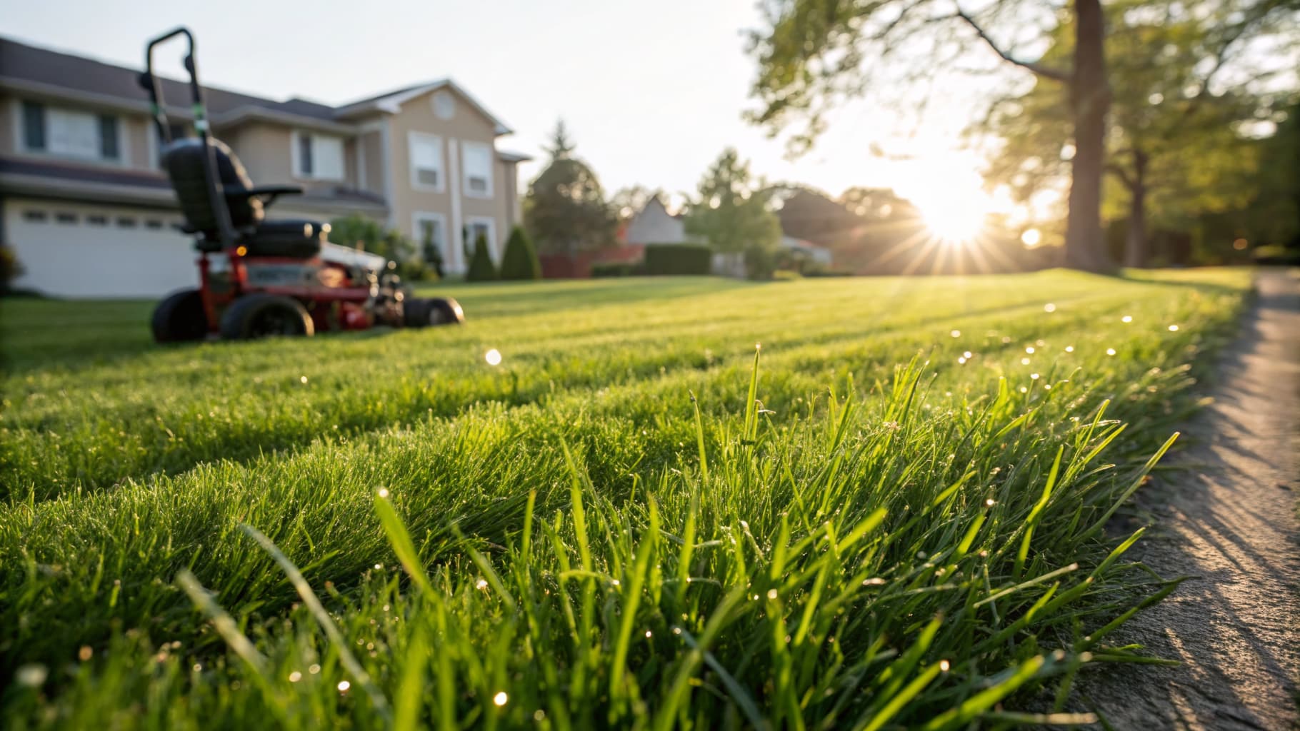 Professional lawn care service with riding mower on a lush green lawn