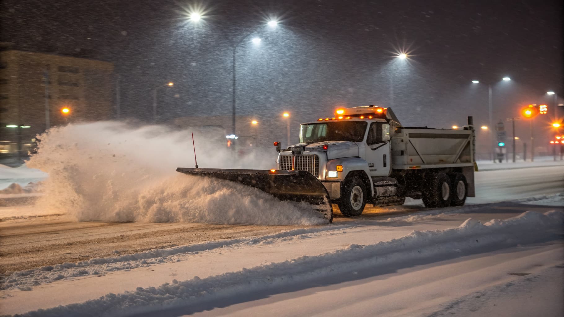 Professional snow plow clearing a residential driveway during a Chicago snowstorm