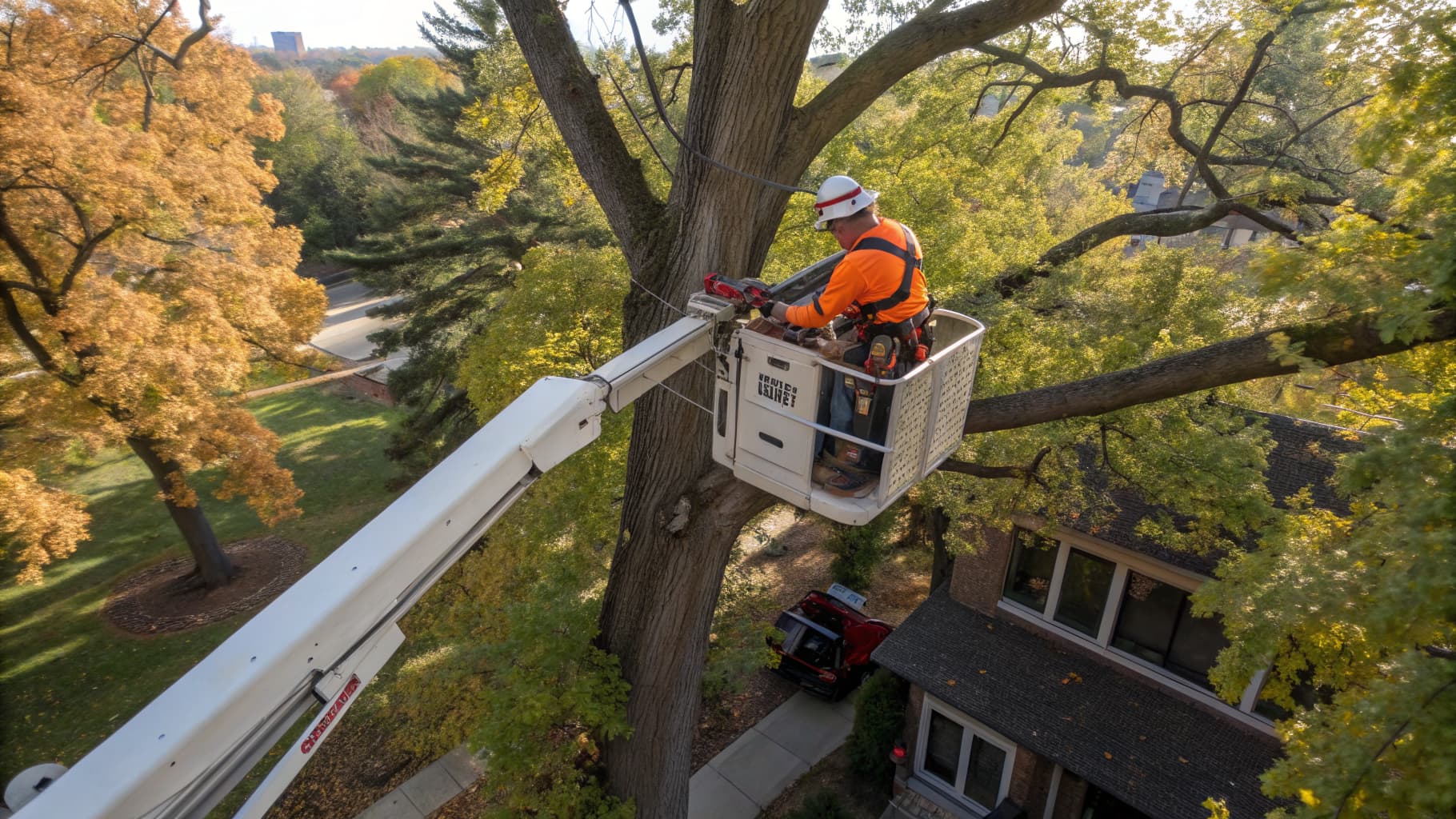 Certified arborist on lift trimming large oak tree branches with professional chainsaw